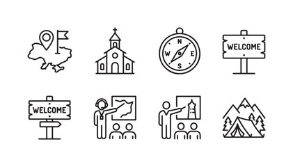 Fototapeta premium Line Art Icons for Travel Education: Ukraine Map, Church, Compass, Welcome, Guided Tours, Map and Monument Explanations, and Camping