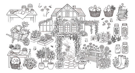Obraz premium Vintage garden line art collection, rustic cottage landscape with gardening tools and plants, hand drawn floral vector set for coloring book