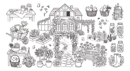 Obraz premium Vintage garden line art collection, rustic cottage landscape with greenhouse and plants, hand drawn gardening elements and floral vector set