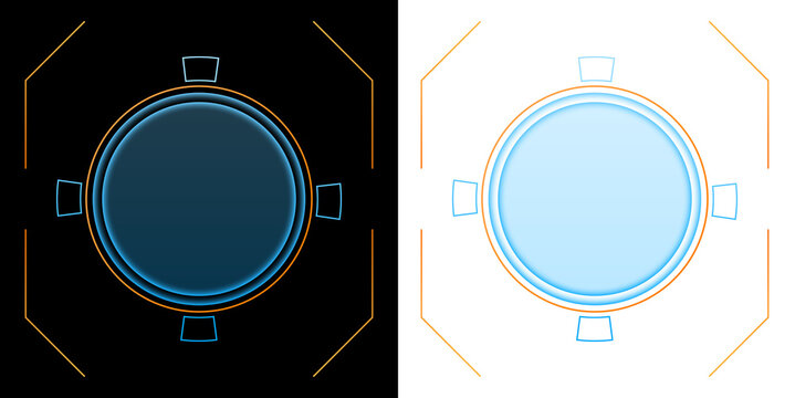 Interface futuristic circular HUD control panel with glowing blue core and sci fi technology elements