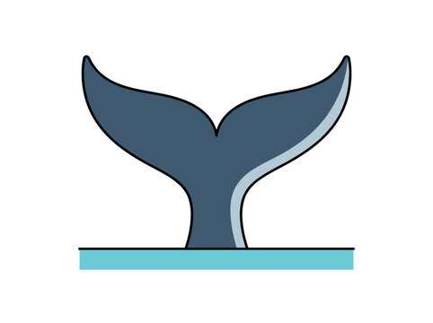 Flat vector illustration of a whale tail fluke diving into water, black outline isolated on white background