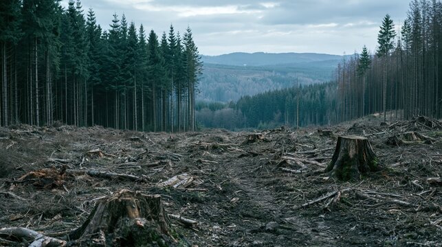 Deforestation area with tree stumps and green pine forest landscape