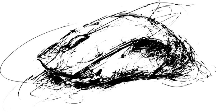 Artistic Black and White Ink Sketch of a Computer Mouse in a Grungy Scribble Style Vector Illustration