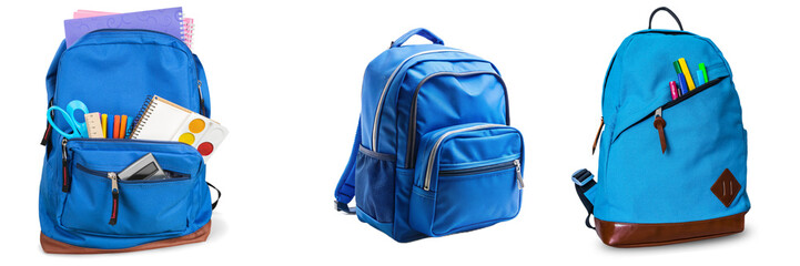 Three blue backpacks filled with school supplies, isolated on transparent background © Quy