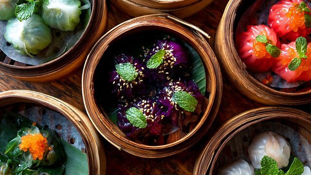 Steamed dim sum in bamboo baskets.
