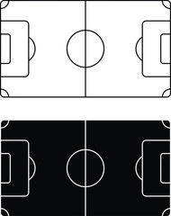Overhead view of a soccer field illustration with black and white color scheme and line art style © najmulhusan120