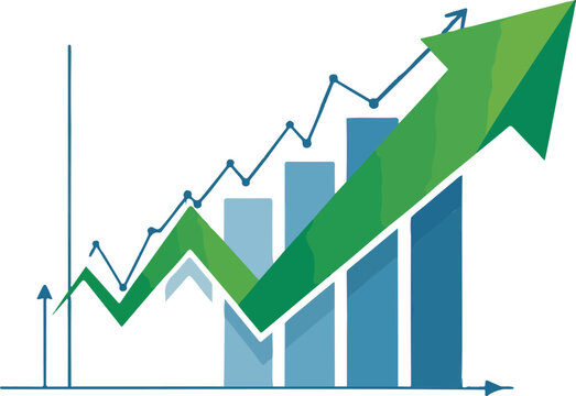 Upward trending financial graph with rising bar chart and green arrow indicating growth and success.