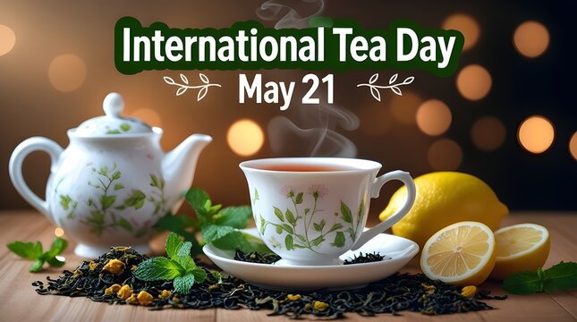 international tea day celebration with teapot cup lemon and warm lighting may 21
