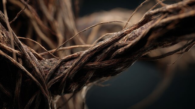 Close-up of intricate, textured tree roots against a dark background.