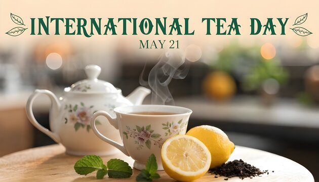 international tea day celebration with teapot cup lemon and warm lighting may 21
