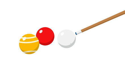 Billiard cue striking white ball towards striped yellow and red balls © Fatim