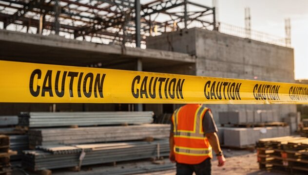 Vibrant yellow caution tape spans across the foreground, with a worker in a safety vest walking past a bustling construction site under the golden hour light, conveying a sense of safety and ongoing d