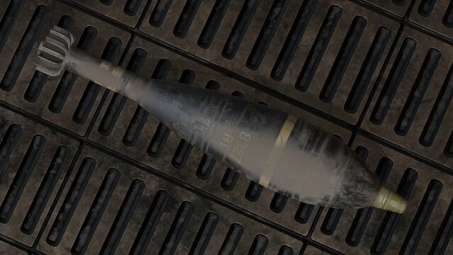 Army projectile missile. Military projectile. Military mortar shells on floor. Ammunition. Bombs. Artillery rounds on dark floor. Amy mortar shells. Rusty artillery shells. Army Mine. Projectile.