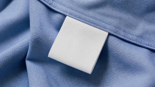 Blank white laundry care clothes label on blue shirt fabric texture background offers a minimalist space for branding and garment care instructions