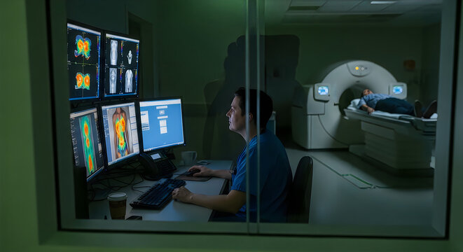 Radiology technician monitoring patient medical scan in hospital