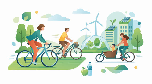 Sustainable green city vector illustration, people riding bicycles in eco friendly urban environment, renewable energy and clean transportation concept