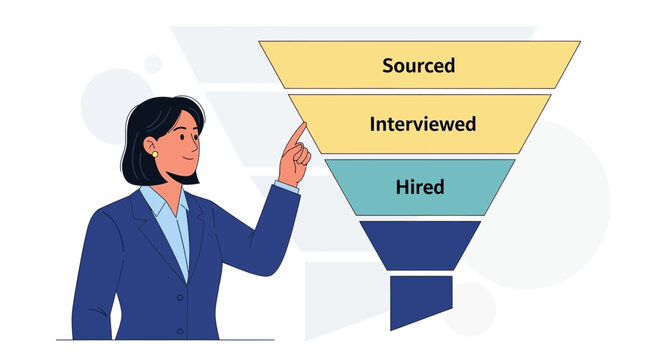 Recruitment Funnel: Sourced, Interviewed, Hired. Woman Interaction
