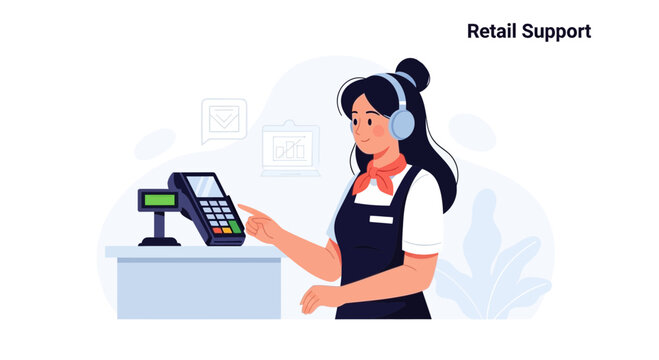 Retail worker using payment terminal, customer service, online shopping support