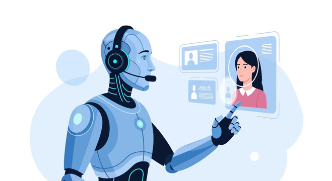 Robot assistant interacting with user profiles on a futuristic interface