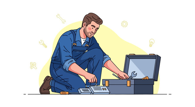 Skilled Mechanic Working with Tools and Toolbox, Illustration
