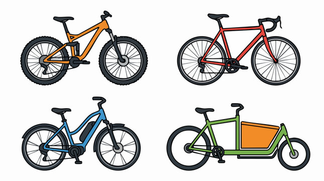 Modern bicycle collection with mountain bike, road cycle, electric e-bike and cargo bike, set of 4 colorful cycling vector icons for transport