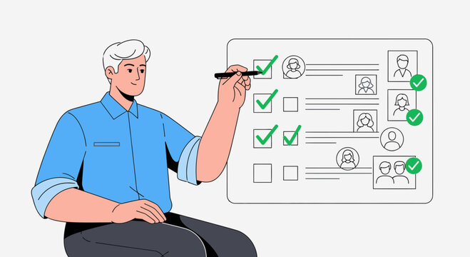 Man checking off survey list with green checkmarks, business concepts