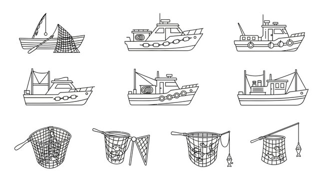 Collection of hand-drawn fishing boats and nets, simple line art illustration