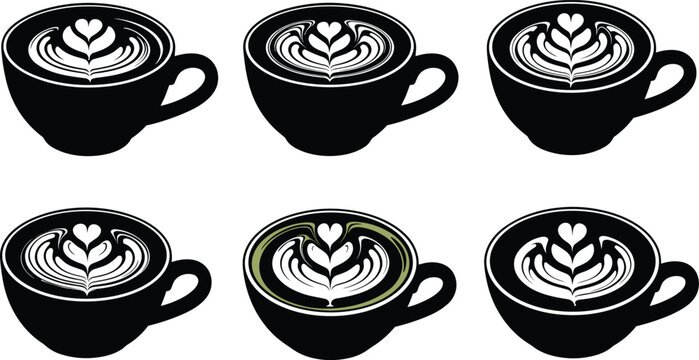 Coffee cups latte art vector illustration set of black mugs with intricate leaf and heart foam patterns on transparent background