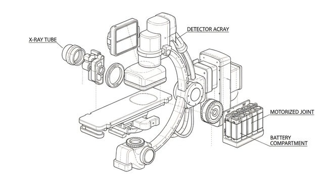 Technical Illustration of Medical C-arm X-ray Imaging Machine