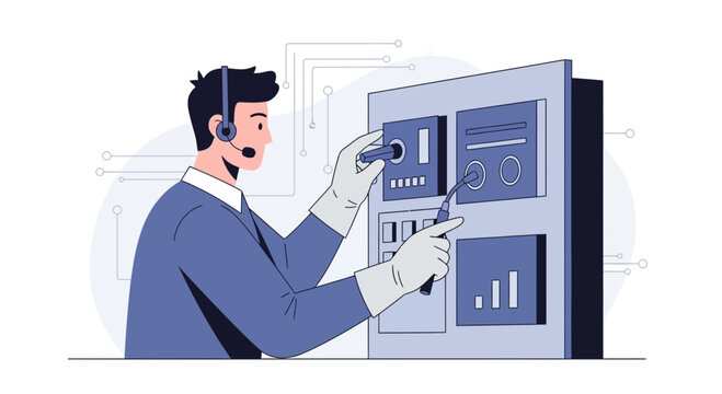 Man operating tech panel with headset and gloves, data visualization, analytics