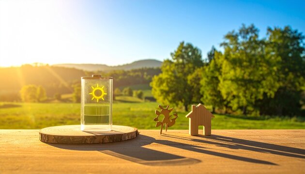 Glass vessel glows with radiant sun, rustic wood framing renewable energy, symbolizing harmony of nature and technology, sustainability, warmth, and progress under clear luminous skies.