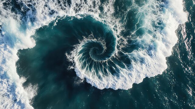 Ocean waves forming a spiral pattern with foamy cresting water in a dynamic seascape