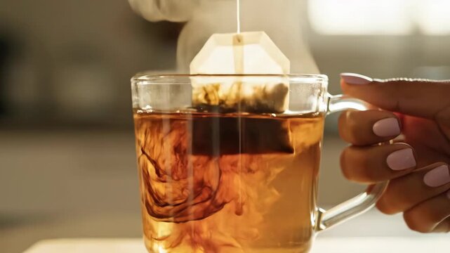 Female Hand Dunking a Pyramid Tea Bag into a Clear Glass Mug Creating Swirling Brown Extract and Steam