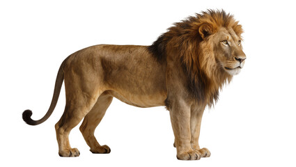Majestic male lion with full mane standing alert, isolated on transparent background © Elena