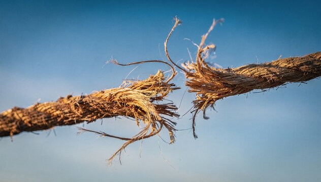 A strong, frayed rope hangs tenuously against a clear blue sky, symbolizing stress, rupture, breaking point, and vulnerability in a high-tension scenario with focus on raw texture