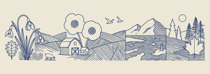 rural landscape farm sketch, farm house field drawing, village country farm art, rural village landscape sketch, farm land scenery drawing, country farm village art, premium vector rural asset rural,  © Geetaroy