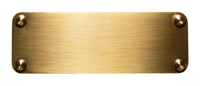 Brushed brass rectangular plaque with rounded corners secured by four brass screws, isolated on transparent background