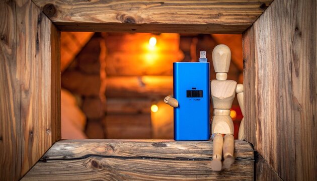 Wooden mannequin at cabin window holds glowing battery, rustic firelight merging with digital power, symbolizing harmony between tradition and technology, warmth and innovation, nature and progress.
