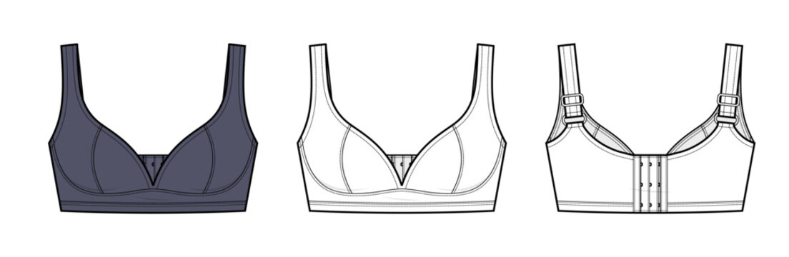 Support Bra with Hook and Eye Closure Technical Fashion Illustration. Adjustable Strap Bralette Vector Template. Front and Back View. Structured Cups. Functional Lingerie CAD Mockup Set