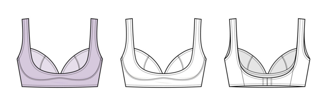 Curved Underbust Seam Bralette Technical Fashion Illustration. Soft Cup Bra Vector Template. Front and Back View. Minimal Seam Lines. Comfortable Fit. Women Lingerie CAD Mockup Set