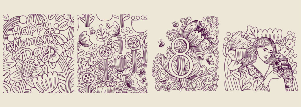 international womens day art, march celebration flower art, womens day flower sketch, women celebration day design, march holiday floral art, womens day floral graphic, premium vector celebration asse