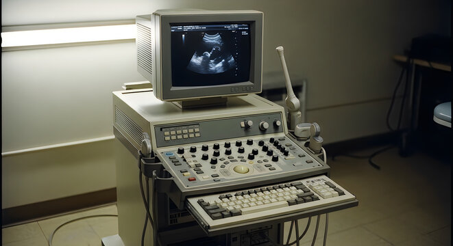 Vintage Medical Ultrasound Diagnostic Machine in a Darkened Clinic