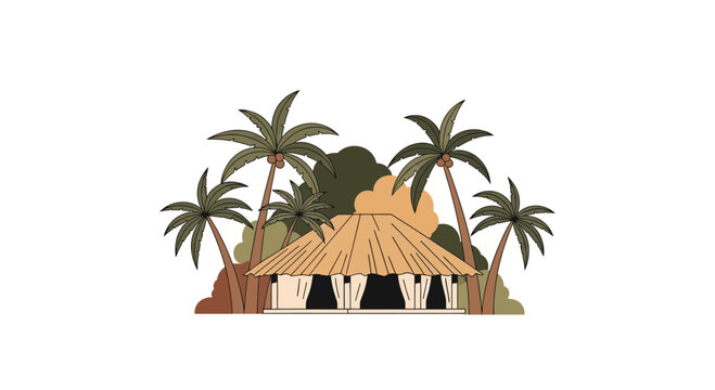 Tropical hut with palm trees.