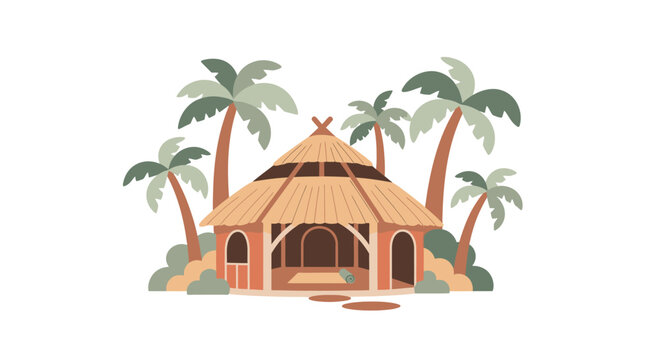 Tropical Hut with Palm Trees Around.
