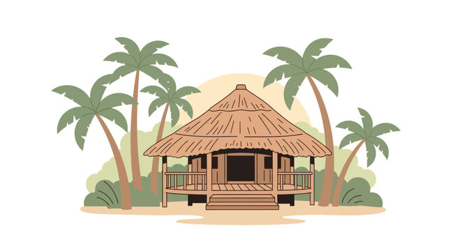 Tropical hut with palm trees nearby.