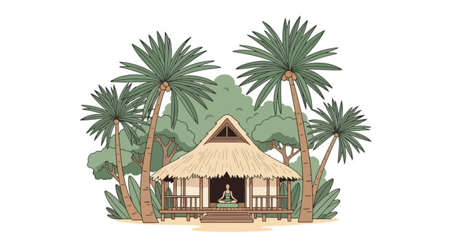 Tropical Hut with Palm Trees Around.