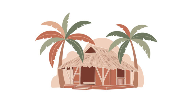 Tropical hut with palm trees.