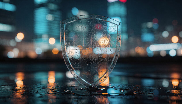 Transparent shield with water drop texture standing on wet ground in a vibrant abstract city at night, illuminated by soft bokeh lights, representing concepts of digital data security, privacy, and pr