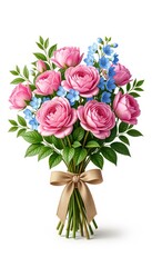 Fototapeta premium Pink Rose Bouquet with Blue Flowers Tied in Beige Ribbon
