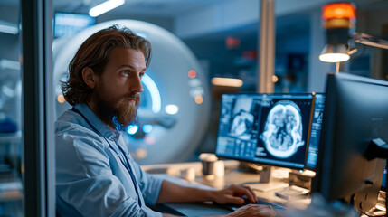 Fototapeta premium Modern CT scanner control room seen through a large glass window, a radiology technician seated at a workstation monitoring live scan data on multiple screens while the scanner operates in
